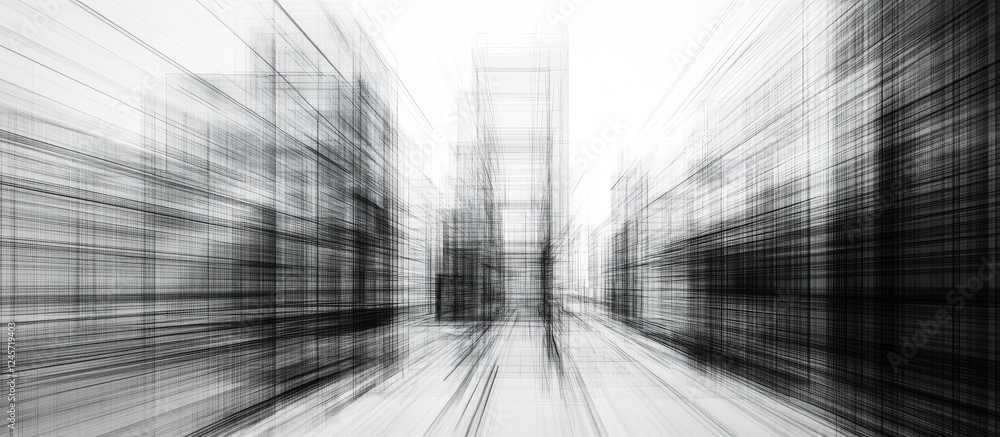 Poster dynamic wireframe cityscape design with blurred horizontal and vertical motion lines in black and wh