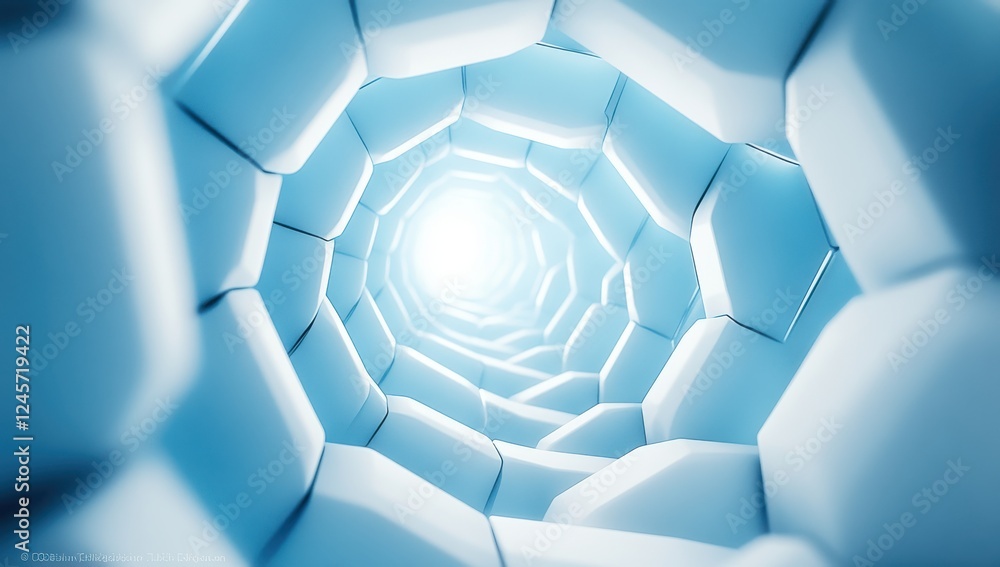 Poster abstract hexagonal tunnel perspective with soft blue lighting, creating a sense of depth and infinit