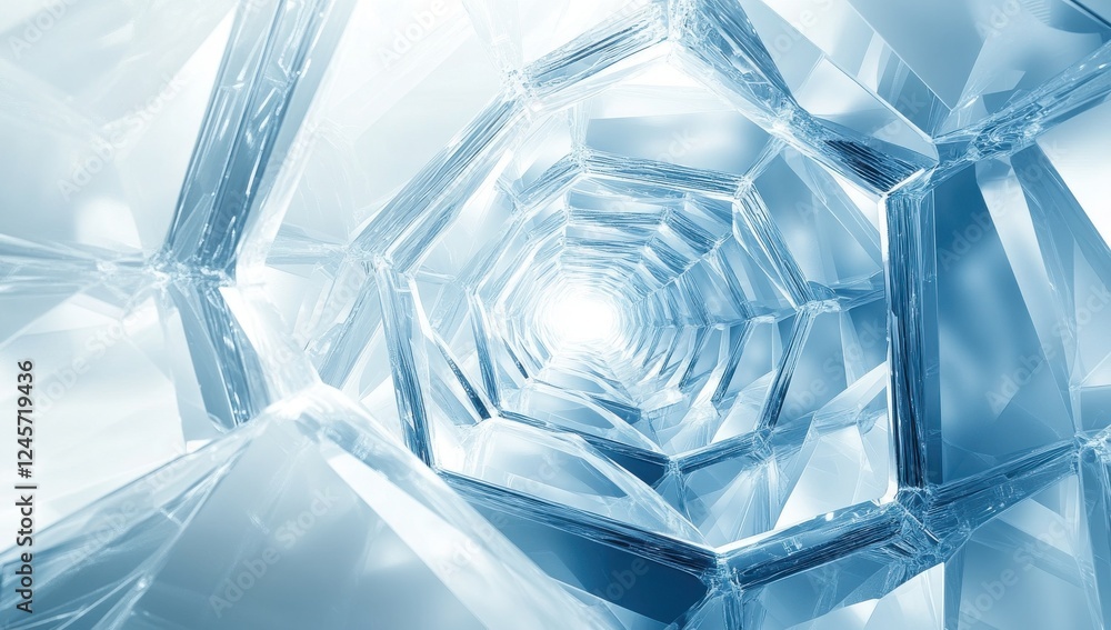 Poster abstract ice tunnel perspective with glowing light at the end, geometric patterns and shimmering ref