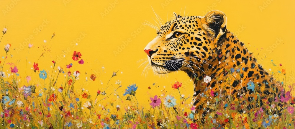 Poster leopard in profile against a vibrant yellow background surrounded by colorful wildflowers in a livel