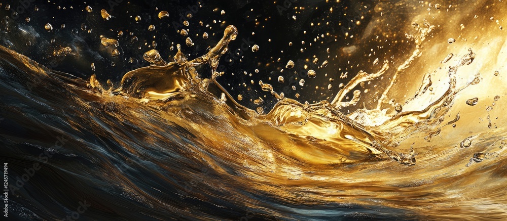 Poster golden oil droplets create a dynamic splash amidst dark rippling water waves with a shimmering effec