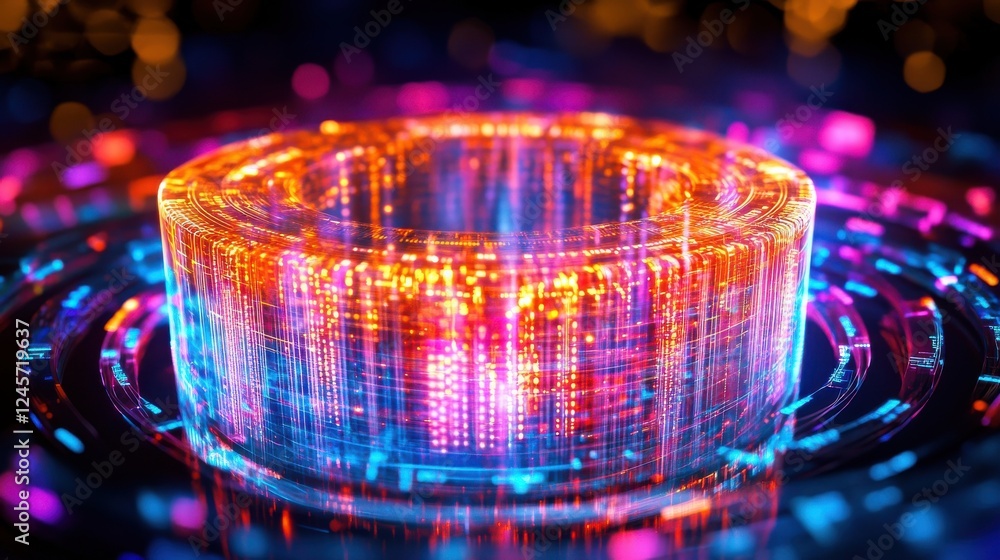 Poster colorful digital light patterns on circular surface with motion effects