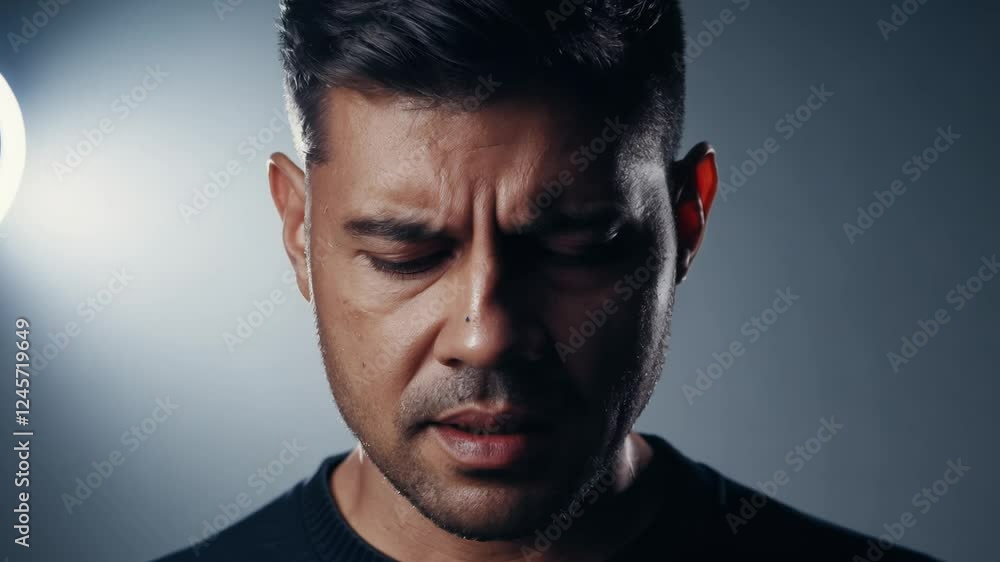Poster close-up static video, studio key light, a man with neatly combed side part, initial seriousness bre