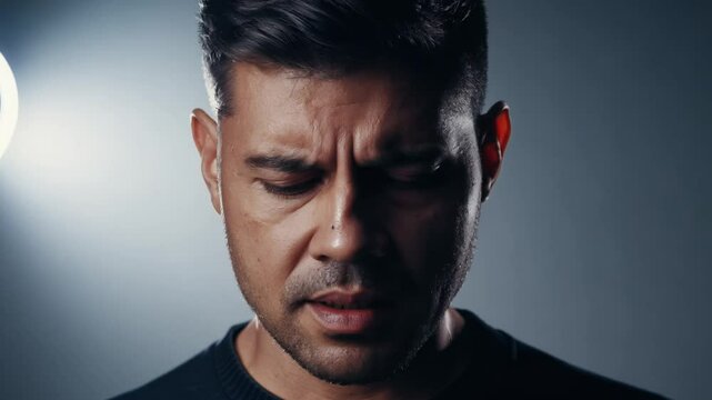 Close-up static video, studio key light, a man with neatly combed side part, initial seriousness breaking down into sorrow, tears forming against a simple gray background