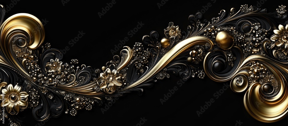Poster elegant black and gold abstract design featuring intricate curves and floral patterns with a rich te
