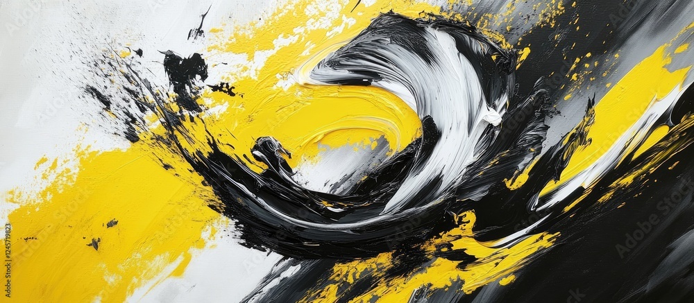 Poster bold yellow and black paint swirl on white canvas forms a captivating abstract artwork with dynamic 