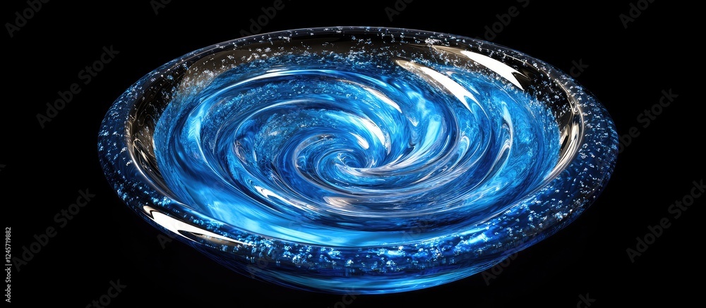 Poster circular swirl of wavy blue metallic liquid in a bowl against a black background with shimmering par