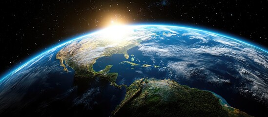 Sunrise over Earth from space with vibrant blue oceans and green landmasses illuminated by warm sunlight on the horizon, dramatic atmospheric clouds.