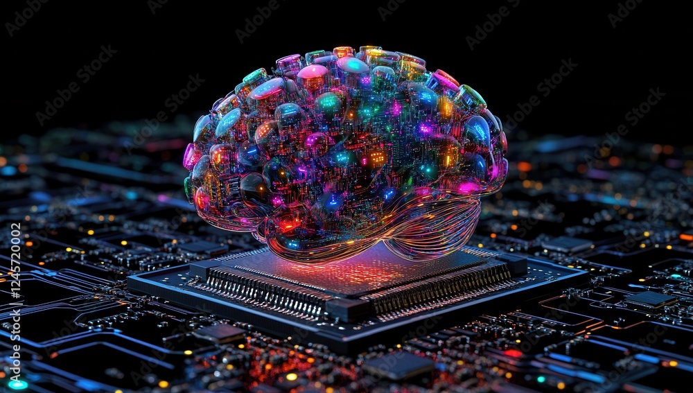 Poster abstract representation of a colorful brain made of lights and technology, symbolizing artificial in