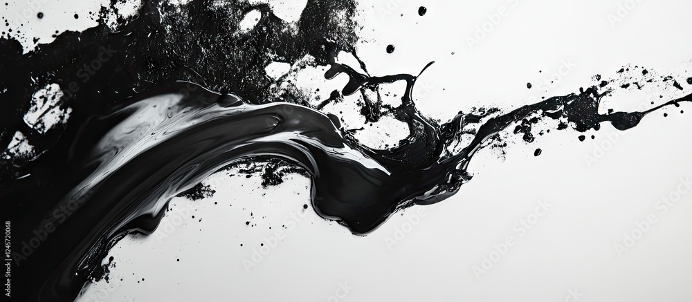 Poster dynamic black ink splash on a white background creating an artistic design element with fluid moveme