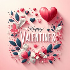 Happy Valentine's Day Background - Decorated Wallpaper for Valentine - Colorful Hearts, Roses, Flowers, Candles, Cake, Plants, Balloons, Love and Envelope - Social Post or Header