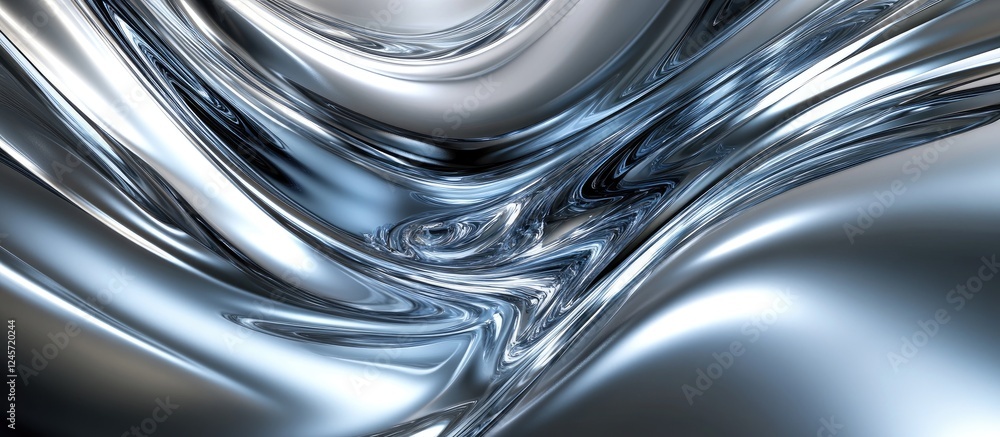 Poster futuristic abstract background featuring flowing metallic silver and chrome textures with smooth cur