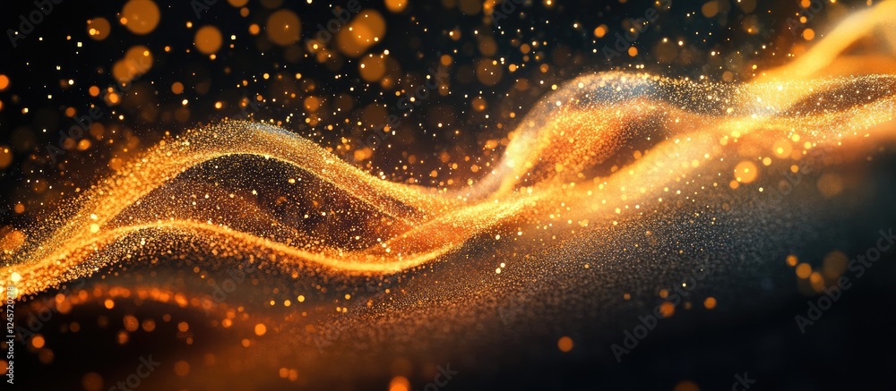 Poster abstract golden and orange glowing wave with sparkling particles on a dark background representing i