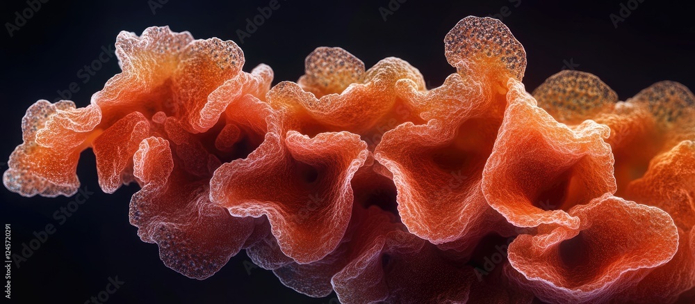 Poster microscopic view of a vibrant reddish-orange bacterial structure with wavy edges and textured surfac