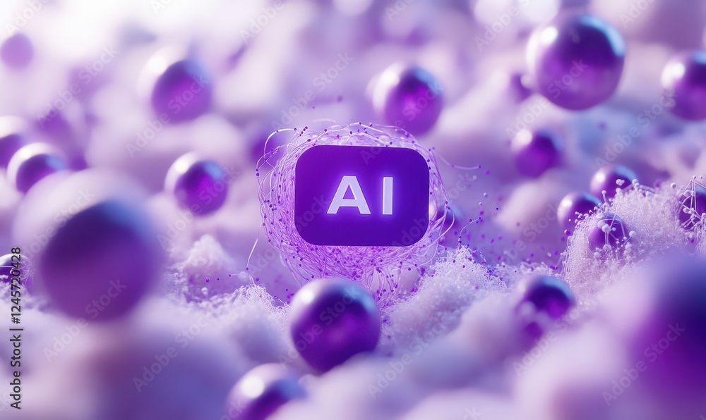 Poster abstract representation of artificial intelligence with glowing purple spheres and a luminous ai sym