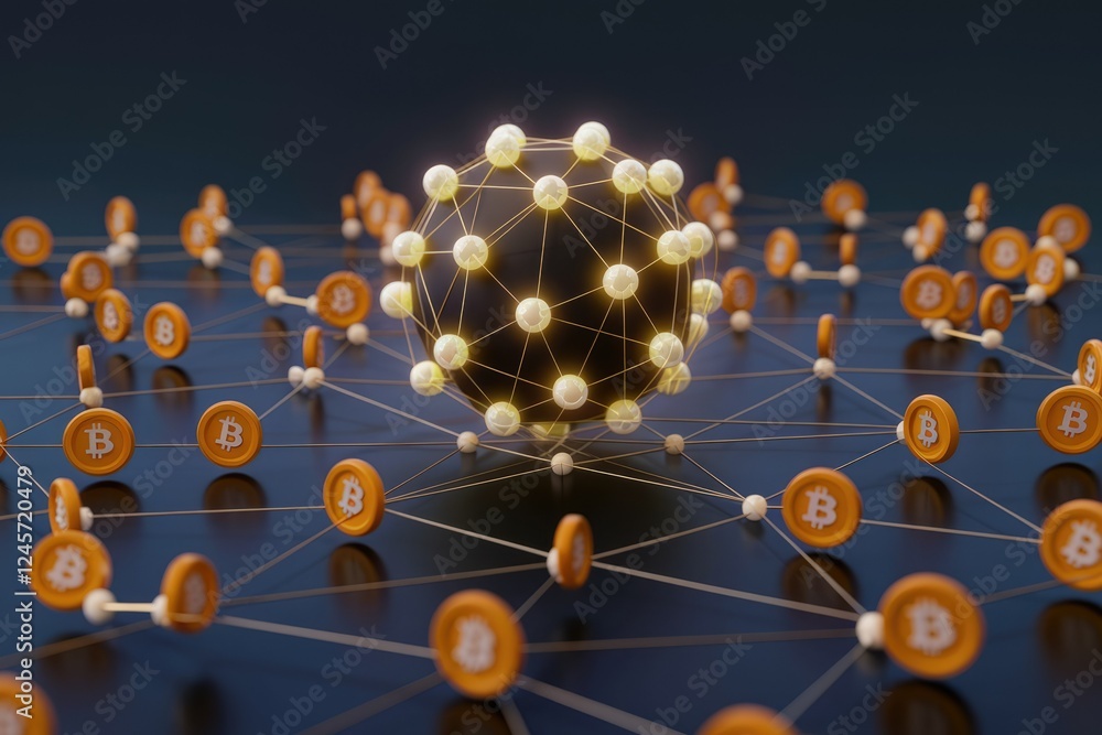 Leinwandbilder A 3D rendering of a Bitcoin network, illustrating interconnected digital currency transactions and blockchain technology.