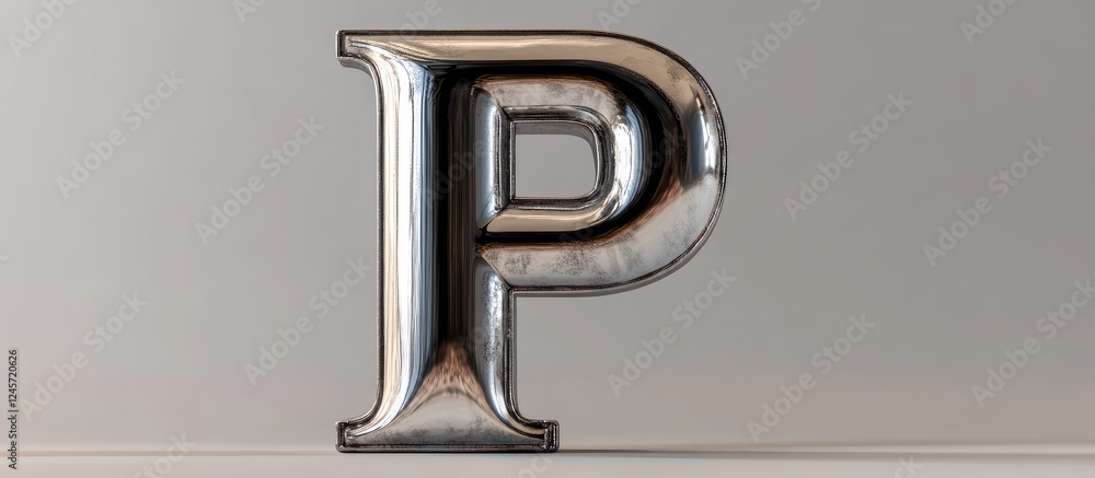 Poster large 3d metal letter p with a shiny reflective surface positioned center on a gray background empha