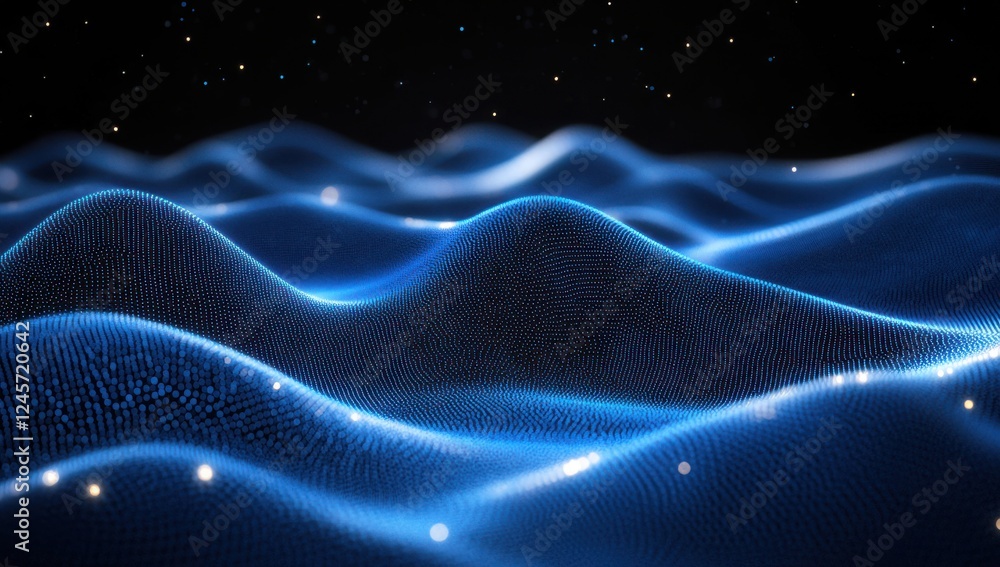 Poster abstract representation of digital waves with glowing blue particles in a dark background creating a