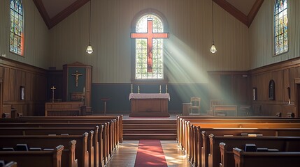 Church interior, sunlight through cross stained glass, peaceful sanctuary, worship