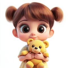 Curious toddler girl with big eyes, holding a teddy bear, isolated on white background