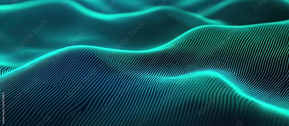 Poster dynamic abstract waves with teal and dark blue gradients create a mesmerizing flowing pattern, highl
