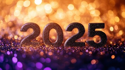 2025 New Year Celebration with Sparkling Glitter and Bokeh Background