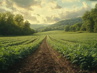 Lush Green Bean Field with Climbing Plants and Support Poles in Rural Summer Landscape
