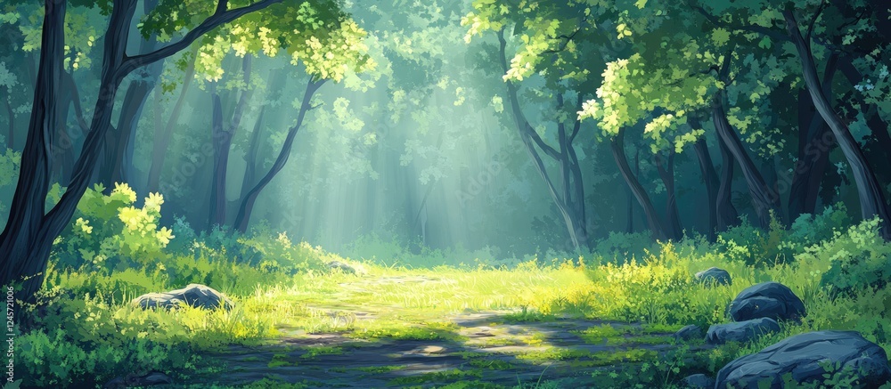 Poster lush green forest scene with sunlight filtering through trees illuminating a serene path featuring r
