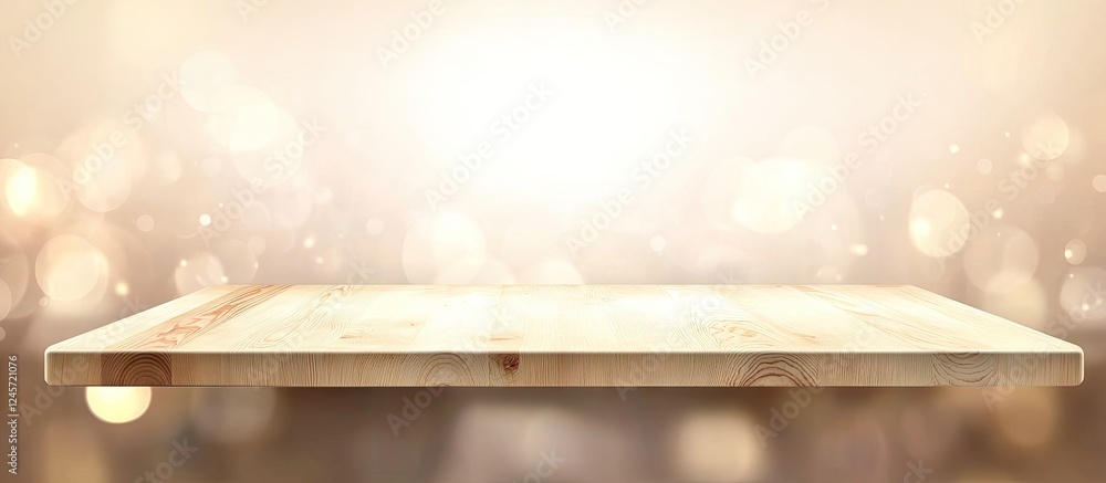 Poster light wooden table centered in the foreground against a softly blurred golden background with bokeh 