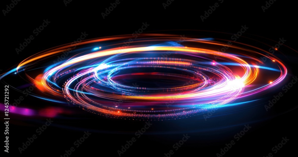 Poster abstract swirl of vibrant neon light trails forming a dynamic circular motion against a dark backgro