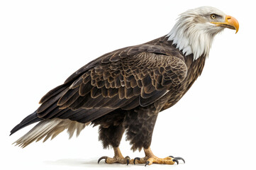 Obraz premium A majestic bald eagle stands side profile, showcasing its striking features, including a sharp beak and detailed plumage.