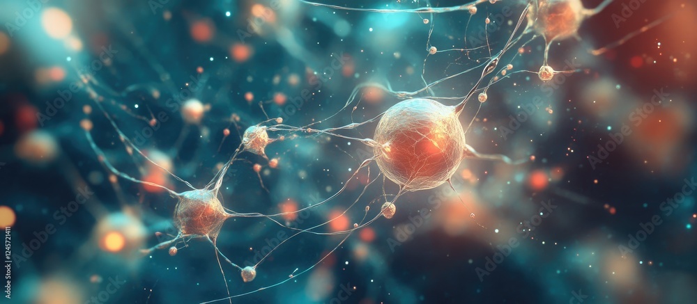 Poster abstract representation of macro and micro cells interconnected with vibrant blue and red tones, ill