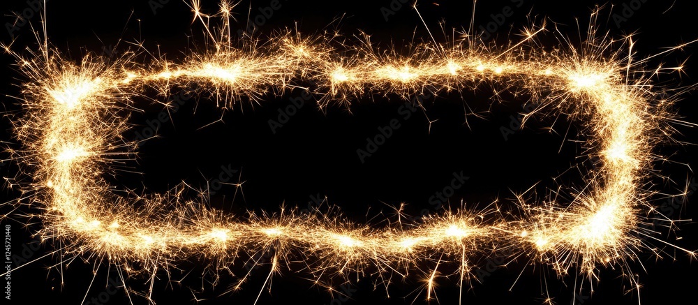 Poster festive black background with shimmering gold sparklers arranged in a rectangular border providing a