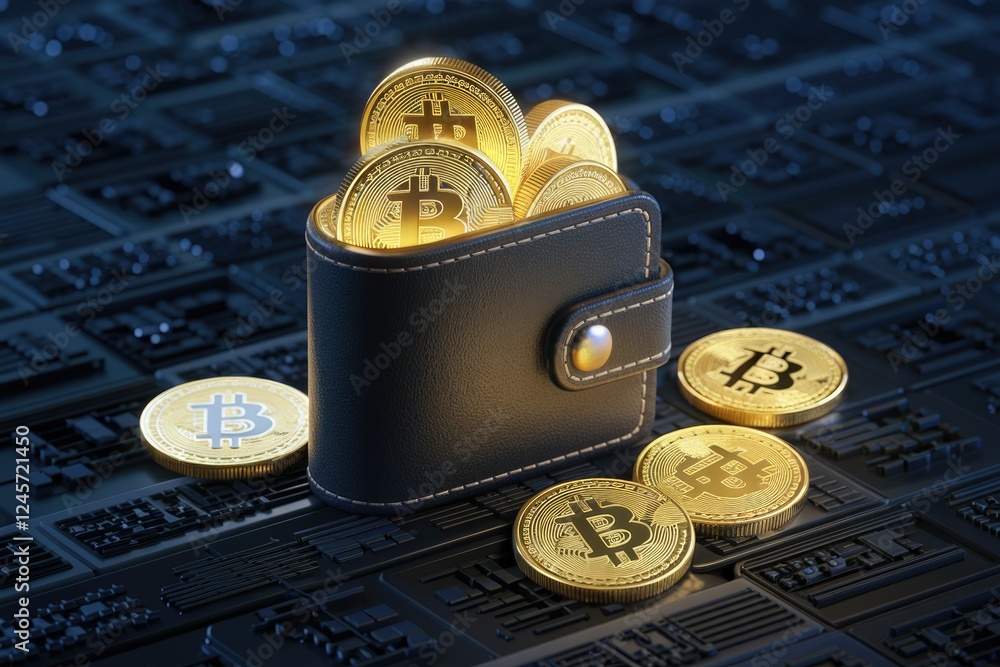 Poster a leather wallet overflowing with shiny golden bitcoin cryptocurrency coins rests on a dark circuit 