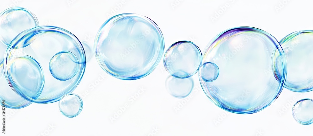 Poster gentle translucent blue soap bubbles of varying sizes create wavy patterns on a clean white backgrou