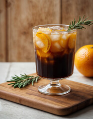 Iced coffee mixed with orange juice as two separated layer, decoration with rosemary and piece of orange, on a wooden board against light background