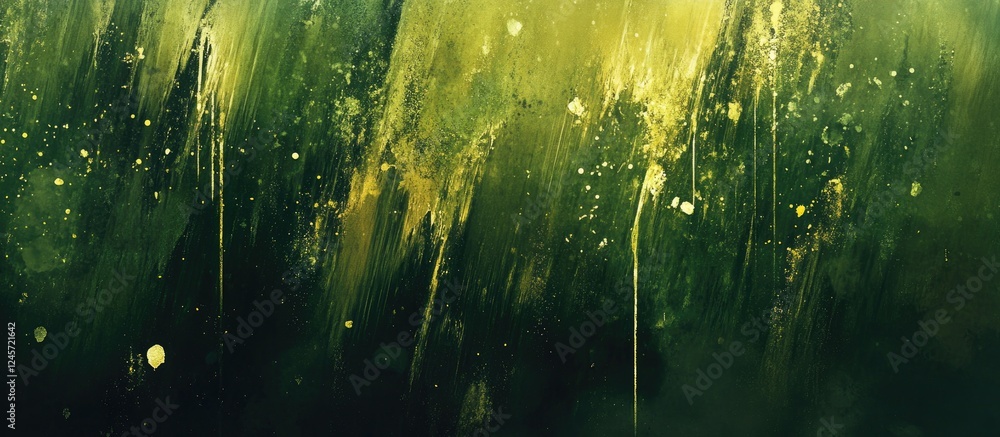 Poster vibrant abstract backdrop with green and gold splashes in an expansive design creating a dynamic and