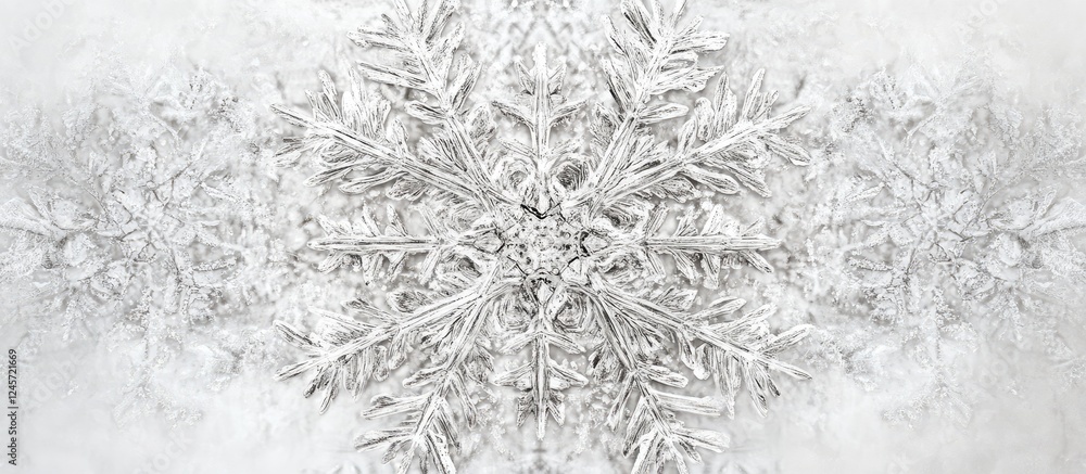 Poster intricate snowflake design featuring natural formations in white tones, showcasing unique fractures 