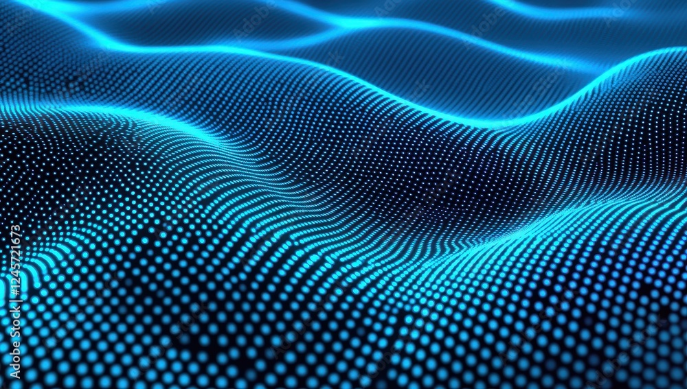 Poster abstract visual of blue waves with luminous dots creating depth and fluidity in a digital atmosphere