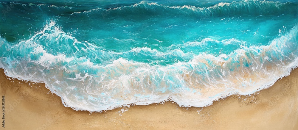 Aufkleber turquoise waves gently lap at a sandy beach with a soft gradient of blue and white foam creating a s