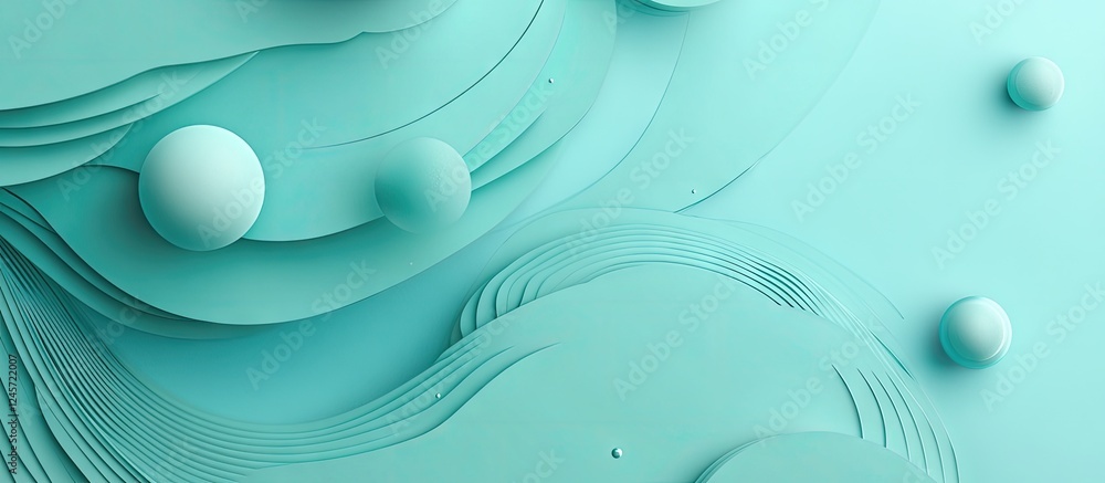 Poster trendy mint background with layered abstract shapes and 3d spheres creating a minimalist design that