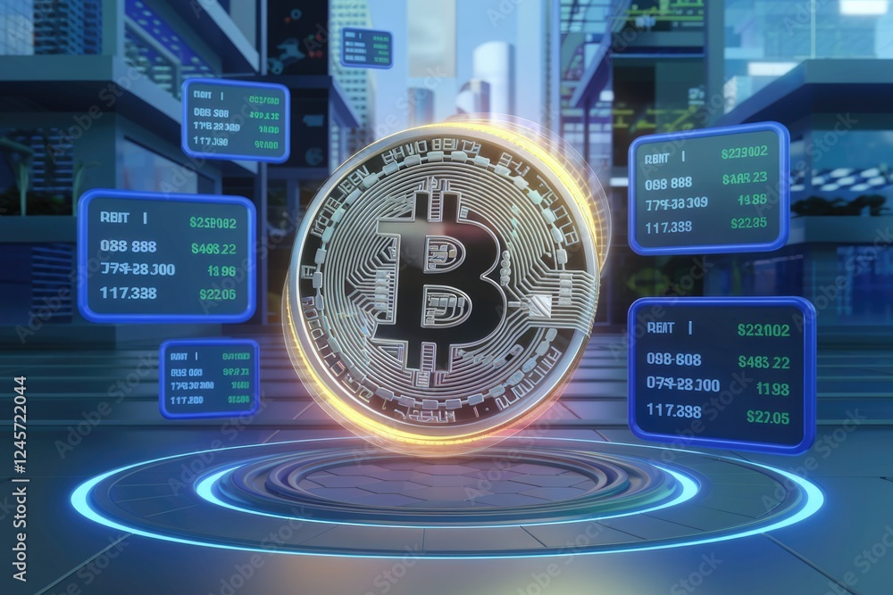 Poster A futuristic cityscape with a Bitcoin cryptocurrency coin hovering above a glowing circular platform, surrounded by digital displays showing financial data.