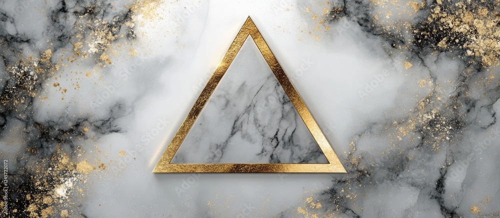 Poster elegant triangular gold frame on a marbled white and gray background with subtle golden sparkles, cr