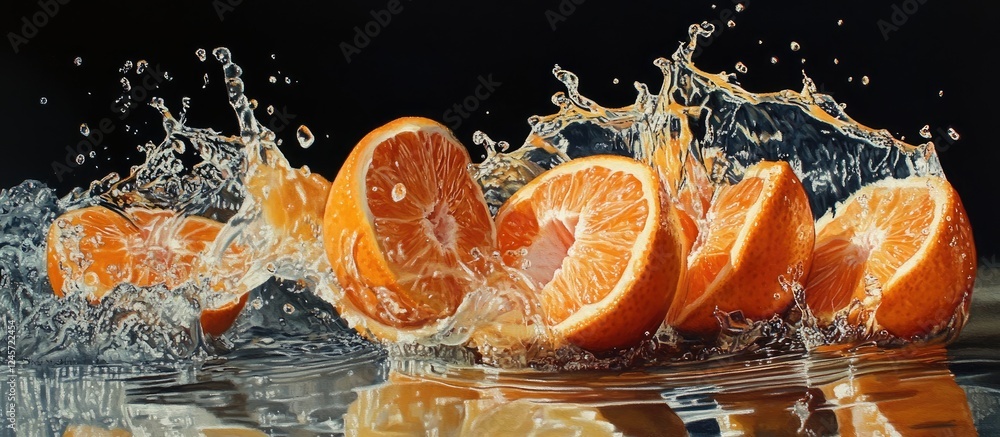 Poster vibrant tangerine slices splash into clear water creating dynamic ripples and droplets against a dar