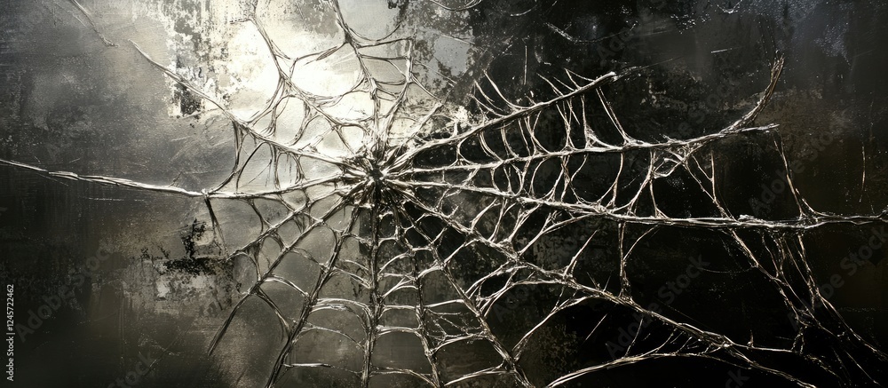 Poster intricate cobweb design in reflective chrome featuring detailed patterns and a dark background, crea