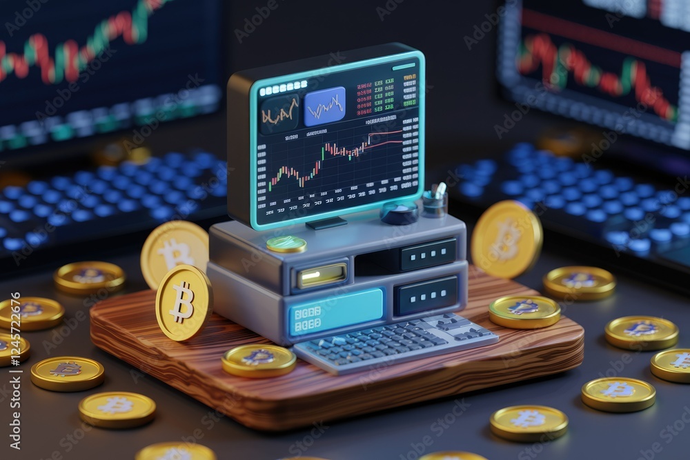 Aufkleber Cryptocurrency trading station with bitcoin coins, displaying charts and graphs on computer screen.