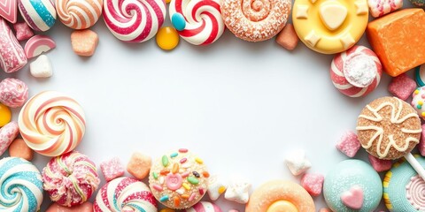 A collection of various confectionery and sweets icons including chocolates, lollipops, cupcakes, and candies, sugary treats, tempting, sweet tooth