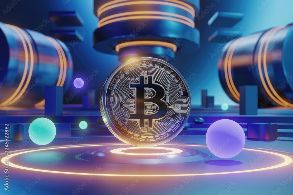 Poster a futuristic depiction of a bitcoin cryptocurrency coin, symbolizing digital currency and blockchain