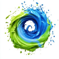 Fototapeta premium Electric chartreuse and royal blue paint burst forming a spiral, isolated on white