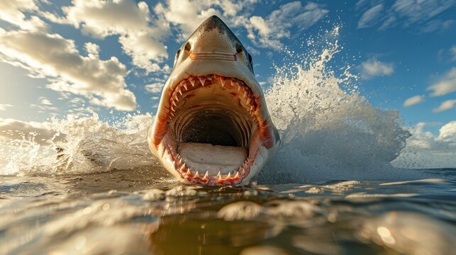 Great White Shark, Carcharodon Carcharias, Breaching, Open Mouth, Teeth, Ocean, Hunting, Predator